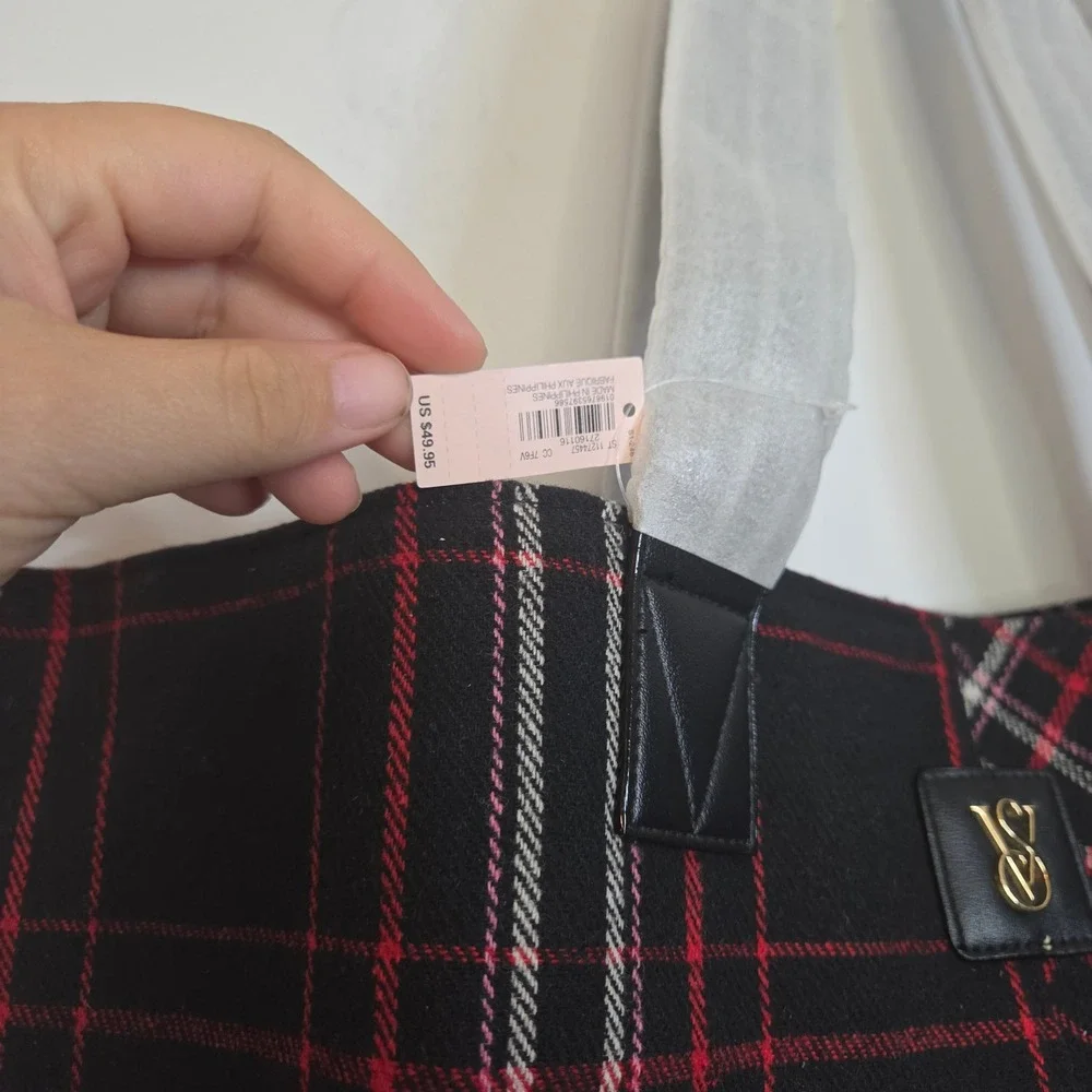 Victorias Secret Mixed Plaid Tote Bag Black Red White Holiday Oversized Shopper